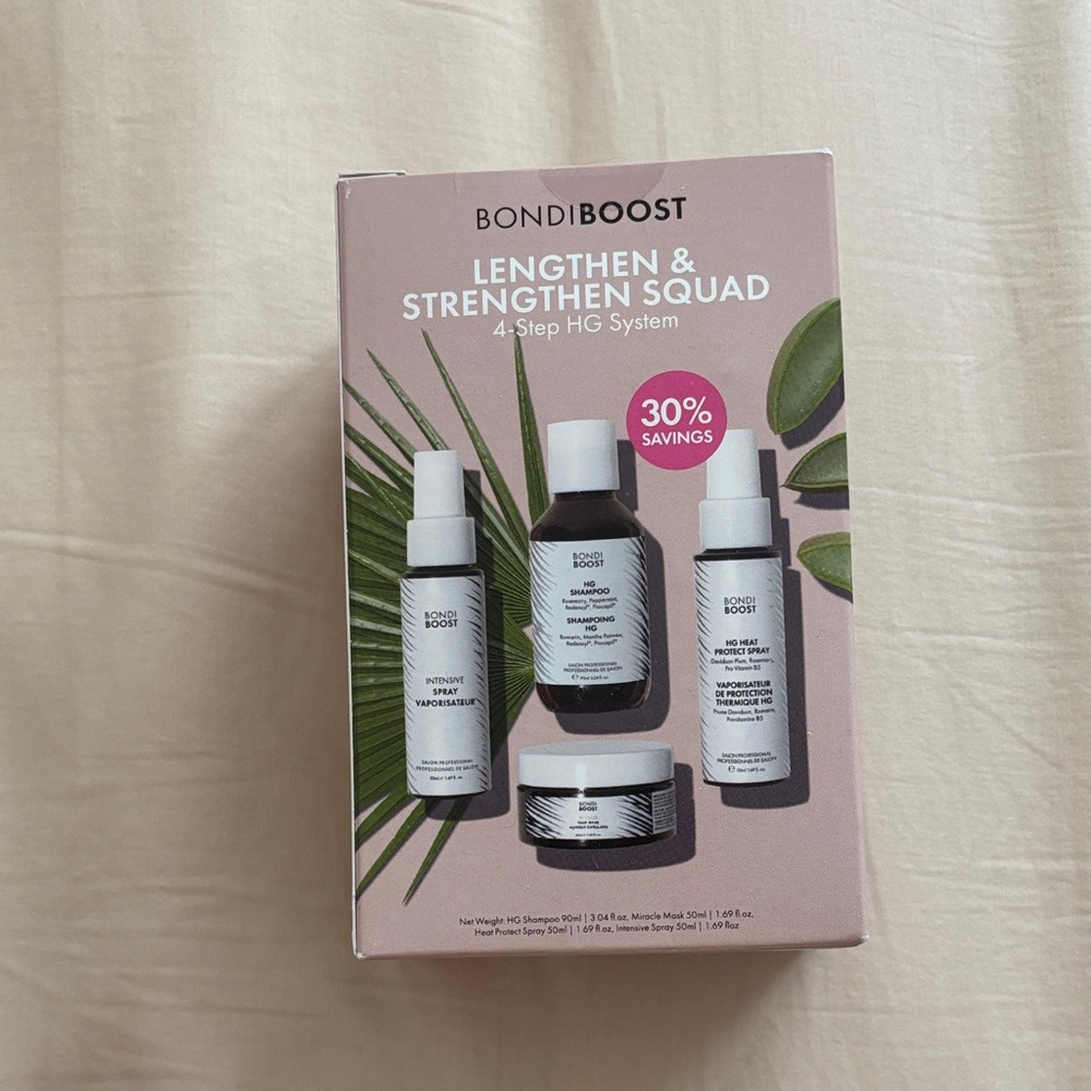 Brand new, unopened BondiBoost Lengthen & Strengthen Squad Hair Care Set